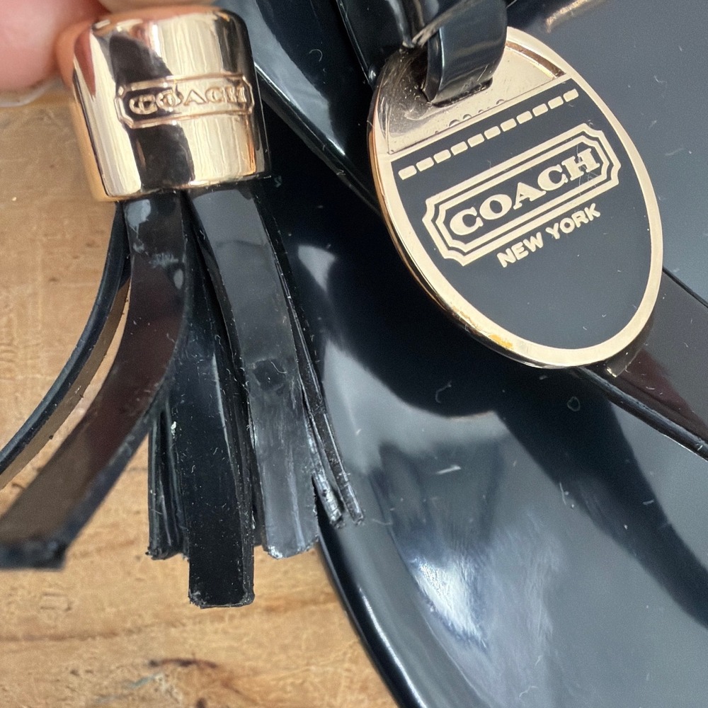 Coach Helma Black Jelly Thong Sandals Bow Tassel Gold Logo 8B EUR 38 - Picture 6 of 8